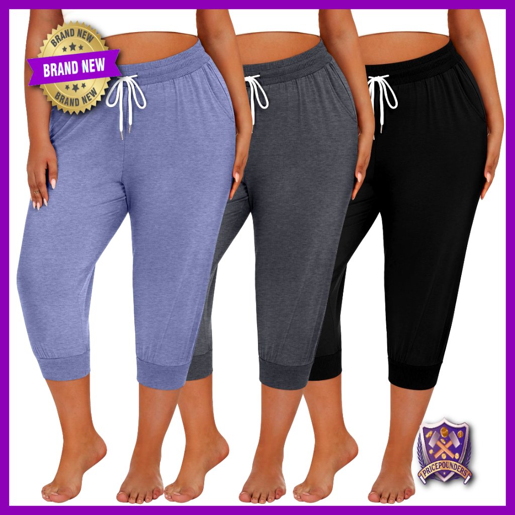 Plus Size Cotton Capri Sweatpants 3 Pack Drawstring Pockets Casual Lounge